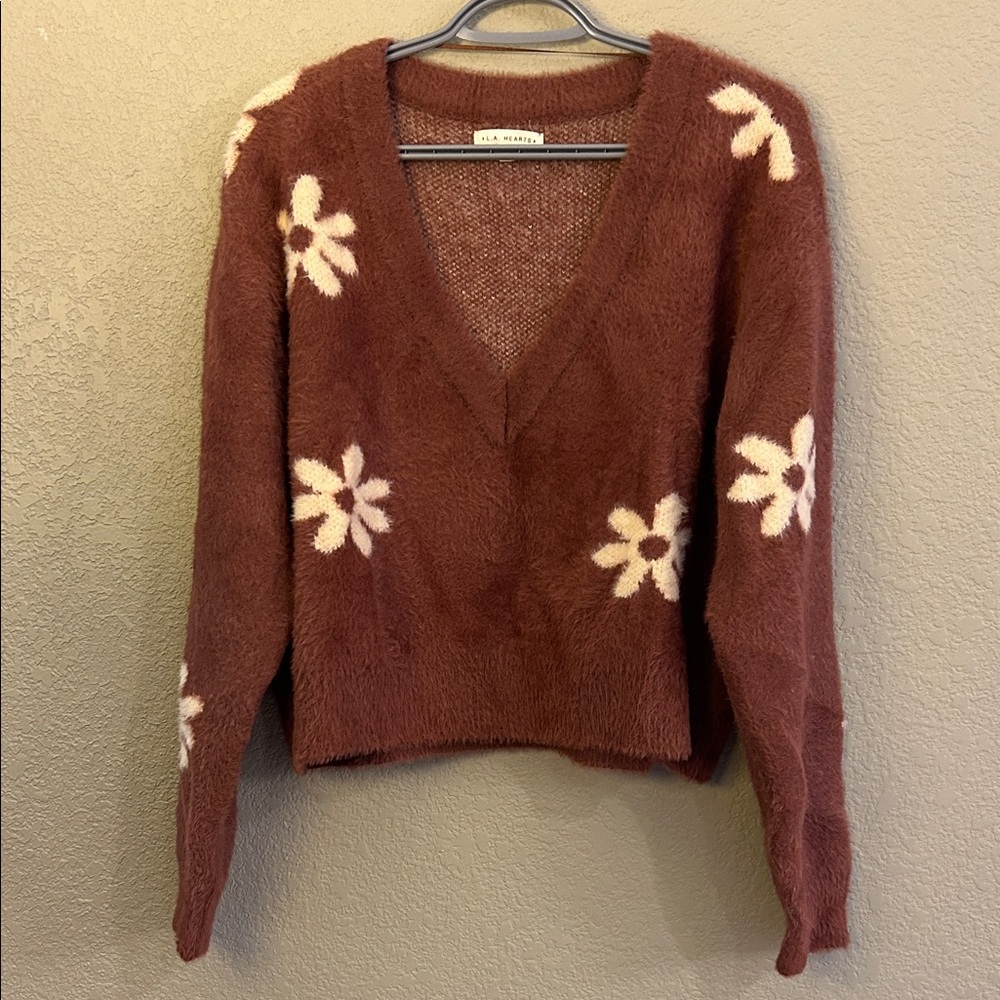 La Hearts Brown V-Neck Sweater with Cream Floral Accents